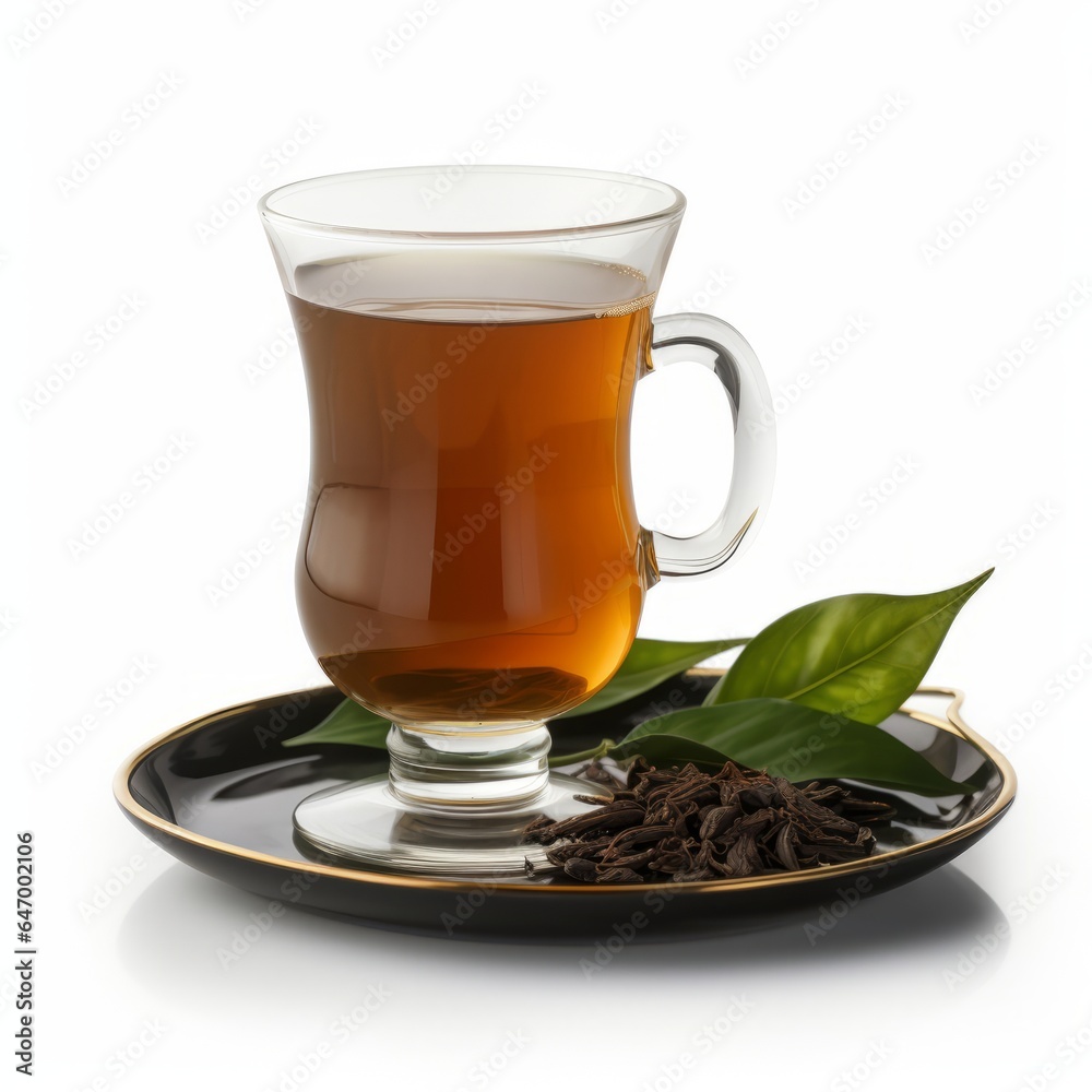 A cup of tea and leaves on a plate A cup of tea and leaves on a plate