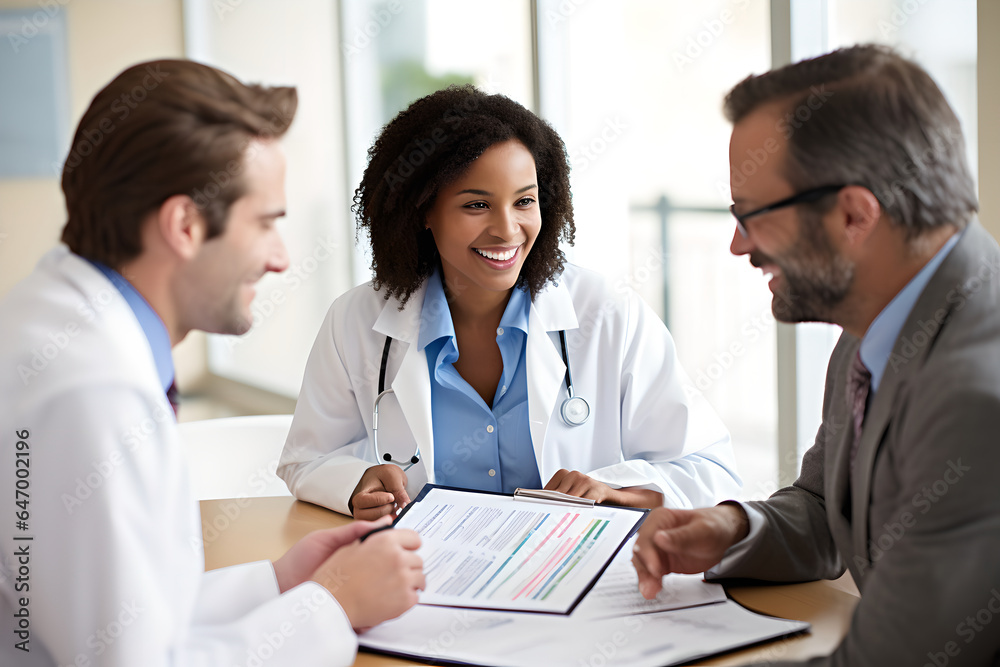 Happy female doctor talking with patient in medical office, young woman healthcare discussing papers and test results Happy female doctor talking with patient in medical office, young woman healthcare discussing papers and test results
