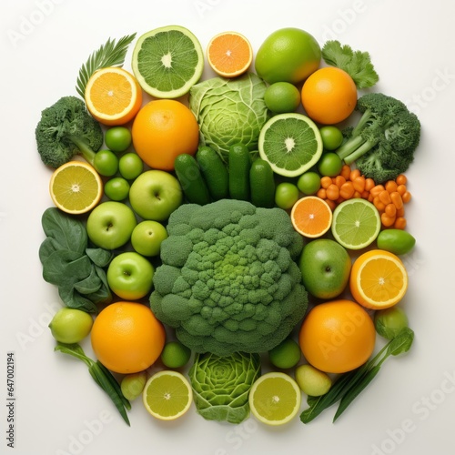 A colorful and vibrant arrangement of fruits and vegetables in a circular pattern