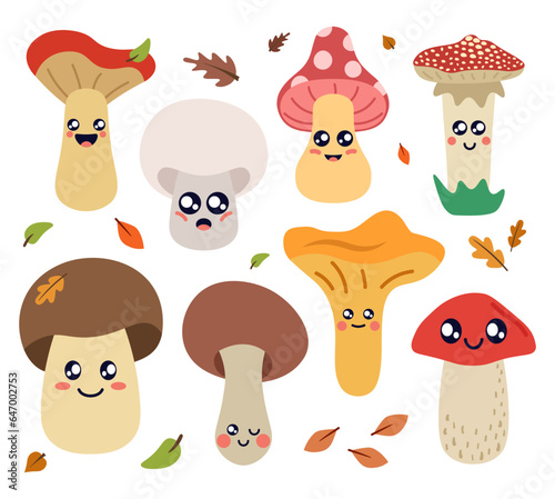 Sticker Pack, Set With Funny Mushrooms With Faces. Vector Flat Illustration