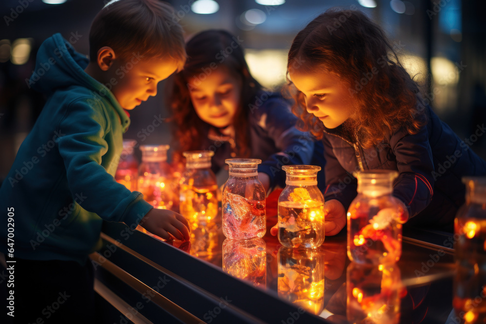 Kids observe and learn about density as they create colorful, layered liquids in clear containers, unraveling the mysteries of liquids. Concept of Liquid Layers Experiment. Generative Ai.