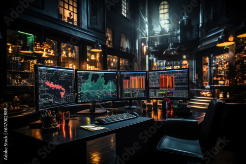 Traders immersed in a bustling stock exchange  monitoring screens and reacting to market fluctuations with focused intensity. Concept of Dynamic Trading Floor. Generative Ai.