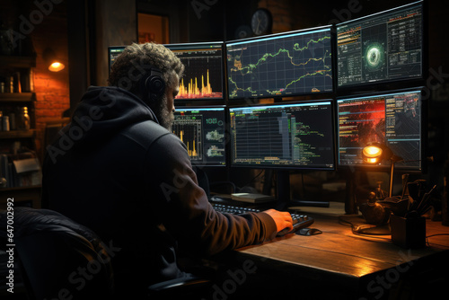 A trader on the phone, multitasking with screens displaying live stock prices, showcasing the fast-paced nature of the stock market. Concept of Real-Time Trading. Generative Ai.