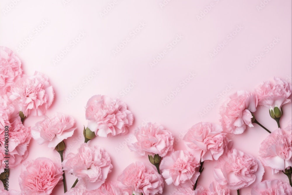 Blooming Carnations in Top View on Pink Background - Spring White Flora Flower Blossom - obrazy, fototapety, plakaty 