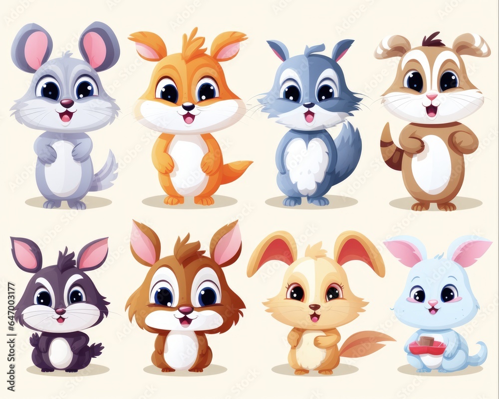 Cute Animal Collection. Full Set of Funny Cartoon Illustrations Featuring Wild and Domestic Animals including a Funny Cartoon Rabbit