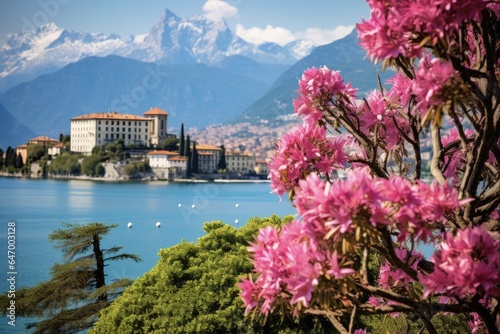 Beautiful Villa Monastero and Oleander Flowers in Background of Lake Como, Varenna: A Botanical Decoration Amidst the Alpine Scenery of Europe