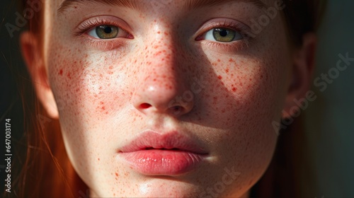 Close-Up of Young Woman's Face with Red Spots on Cheeks - Dermatological Problem of Rosacea and Couperose Redness on Sensitive Skin