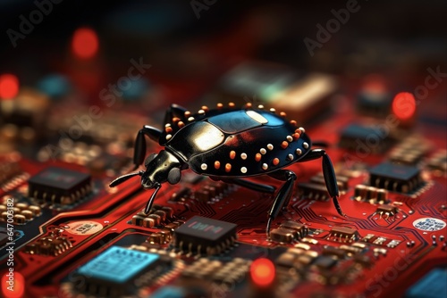 Debugging the Digital World: Miniature Red Ladybug on a Red Motherboard photo