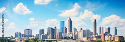 Downtown Atlanta Skyline: Magnificent Urban Architecture featuring Prominent Buildings, Skyscrapers and Business Hotels Under a Serene Blue Sky