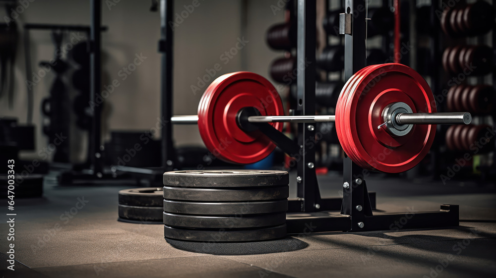 Barbell and Weight Plates on Rack in the Weightlifting Section