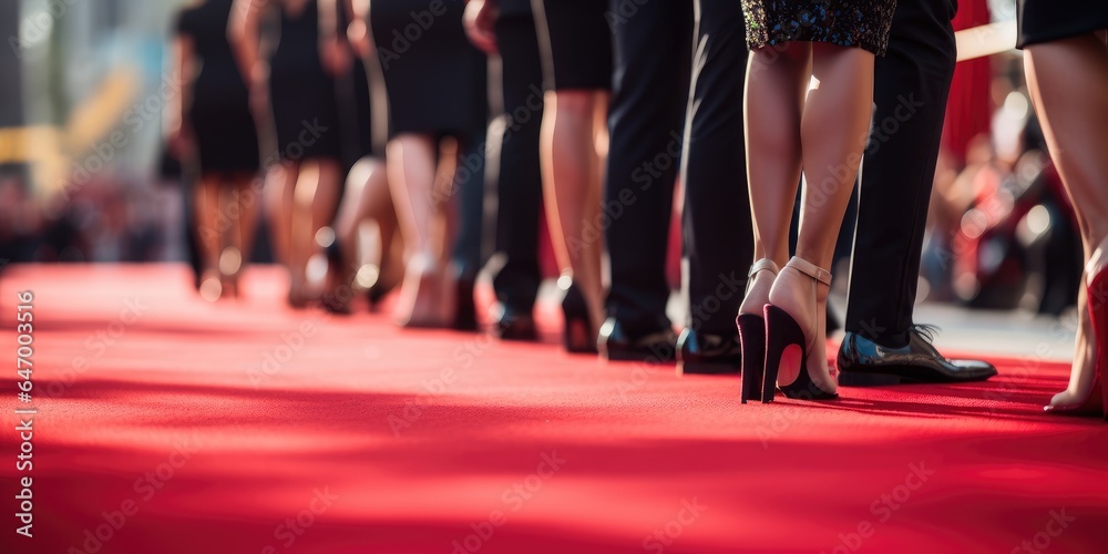 Group of people dressed in a tuxedo and beautiful dresses are standing on the red carpet. Generative AI Group of people dressed in a tuxedo and beautiful dresses are standing on the red carpet. Generative AI