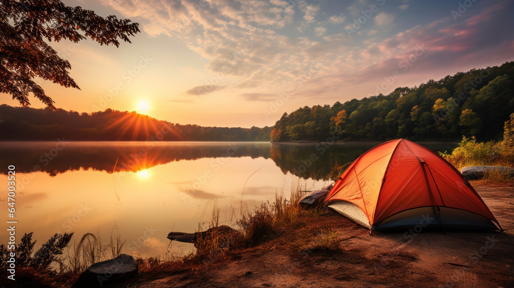 Camping Tent Beside a Tranquil River at Sunrise