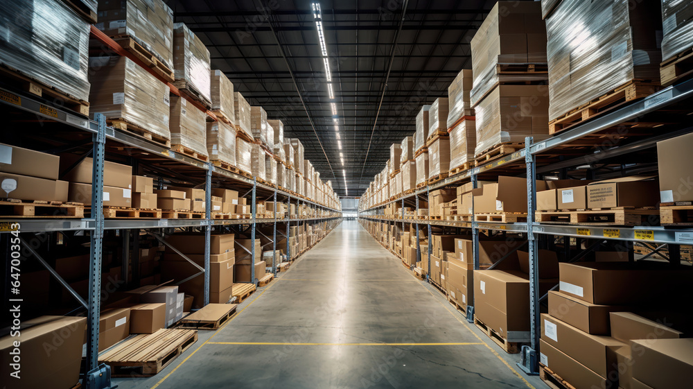 Long Rows of Shelves Stocked with Goods in an Organized Warehouse