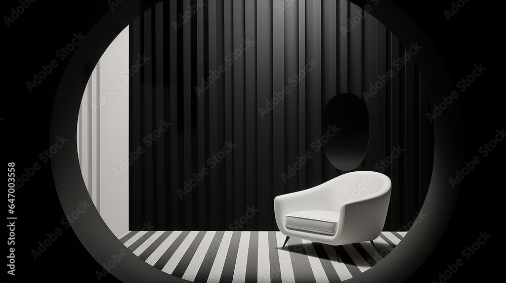 Unique architectural representation in black and white contrast minimalist painting. Surrealistic black and white minimalist concept illustration of the interior of a residence.