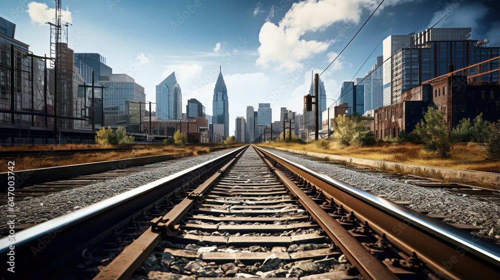 View of the train tracks leading into the skyscraper skyline