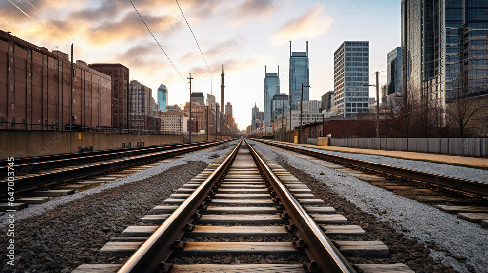 View of the train tracks leading into the skyscraper skyline