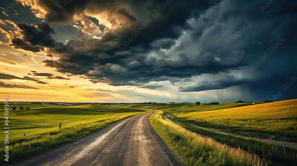 Countryside Road Under Dramatic Clouds
