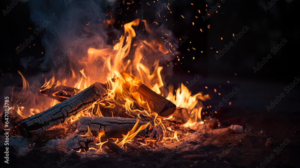 Campfire, Bonfire at night, Fire sparks from a campfire flying into the night Campfire, Bonfire at night, Fire sparks from a campfire flying into the night