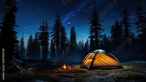 Tent Under a Sky Filled with Stars in a Remote Forest