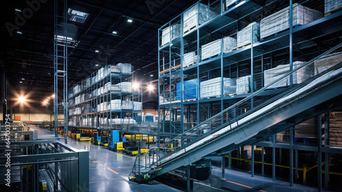 Wide-Angle View of a Multi-level Warehouse with Automated Systems