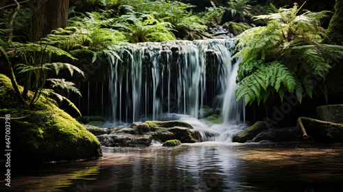 Cascading waterfall surrounded by lush ferns and moss in a secluded forest