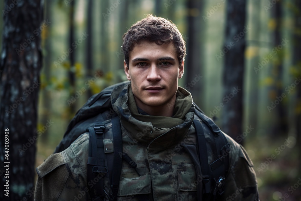 young adult army man in camouflage clothing hiking