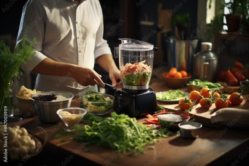 Busy hands utilizing a food processor to effortlessly chop vegetables, streamlining meal preparation in the kitchen. Generative Ai.