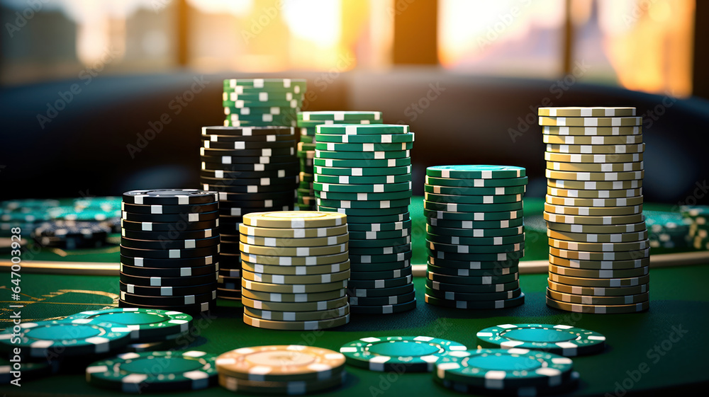 Stacks of high-value poker chips on a green felt table at a private card room