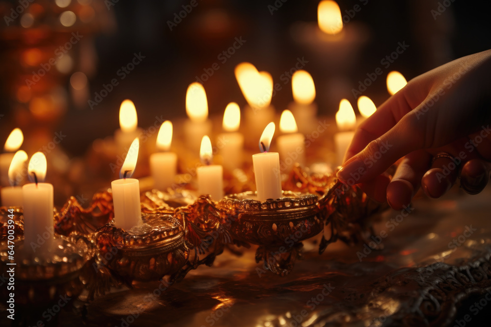 A closeup of a person's hand lighting the Rosh Hashanah candles, a