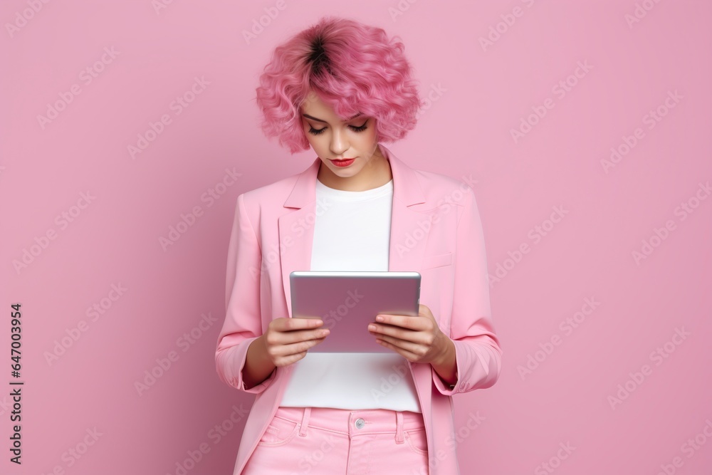 woman using a tablet on a pink background woman using a tablet on a pink background