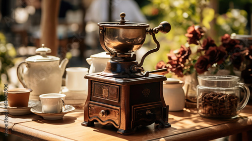 Antique Coffee Grinder on Rustic Wooden Table in Outdoor Cafe Setting