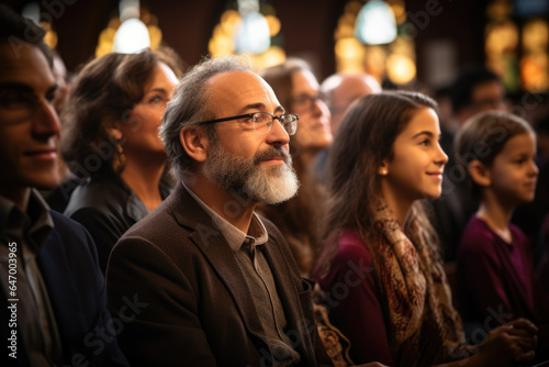 Families joining in song and prayer during the Rosh Hashanah synagogue service, creating a spiritual and communal experience. Generative Ai. © Sebastian