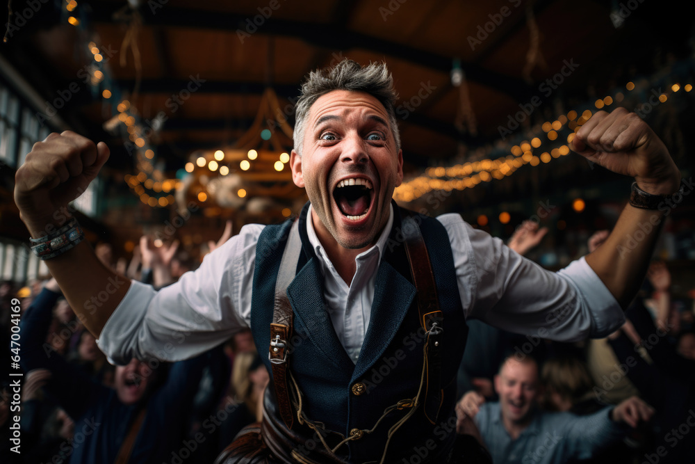 Spirited dancing to the lively tunes of a Bavarian band, encapsulating the vibrant energy and cultural richness of Oktoberfest. Generative Ai.
