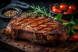 Tasty flavour steak with rosemary and spices on wooden board. Delicious food. AI generative