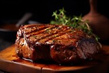 Tasty flavour steak on wooden board. Gourmet food. AI generative