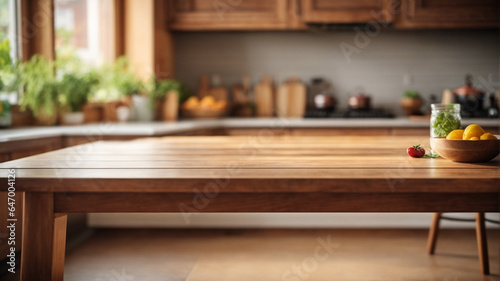 Wooden texture table top on blurred kitchen window background. For product display or design key visual layout. For showcase or montage your items or foods. Product display mock up