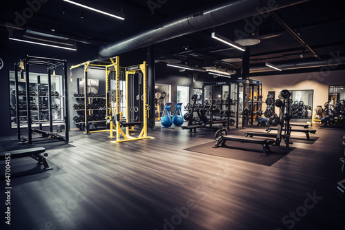 Modern Light-Filled Gym Featuring a Rack with Barbells of Various Weights