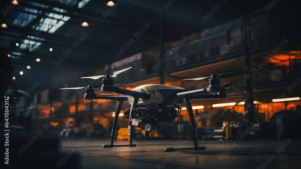 Security drone patrolling inside an expansive warehouse