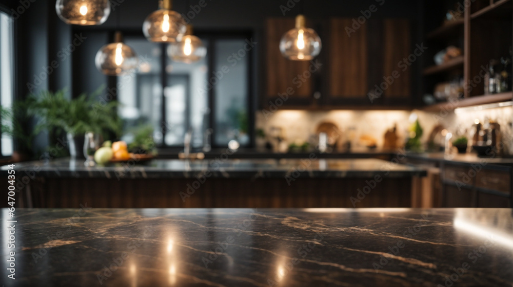 Modern empty dark marble table top or kitchen island on blurry bokeh kitchen room interior background. for montage product display