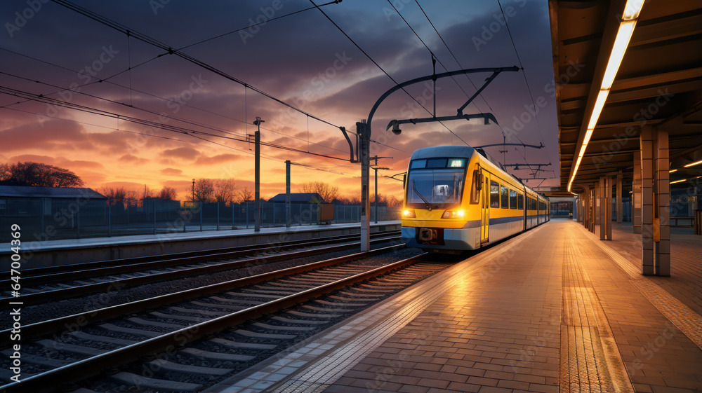 A lone train at an empty station platform in the evening