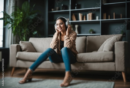 Girl sitting on sofa listening to music at home with headphones - young woman