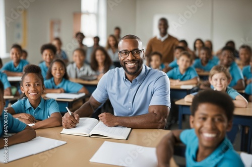 Smiling male teacher in elementary school class - learning students, educational environment