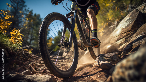 A mountain biker navigating a narrow, rocky trail in a forest