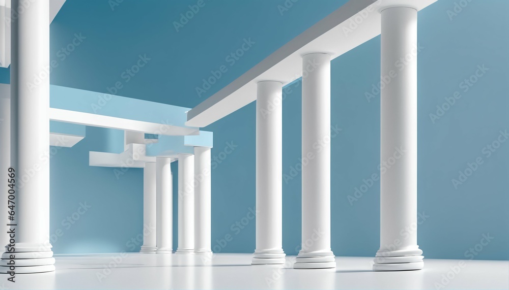 Fototapeta premium Tilted columns in beautiful airy widescreen, minimalistic white and light blue architectural background banner