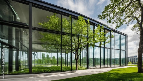 Eco-Friendly Glass Office: Sustainable Building with Trees and Green Environment © ibreakstock