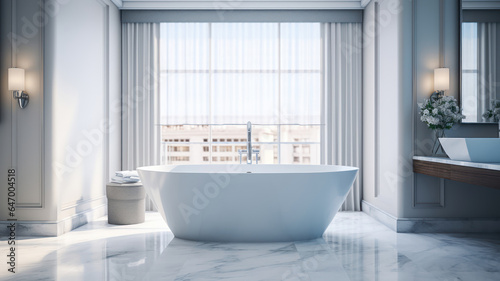 Freestanding bathtub accented by elegant fixtures in a hotel bathroom