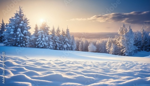 Winter snow scene with snowdrifts, beautiful light and snow flakes on blue sky in the evening, banner format, copy space © ibreakstock