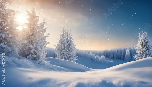 Winter snow scene with snowdrifts  beautiful light and snow flakes on blue sky in the evening  banner format  copy space
