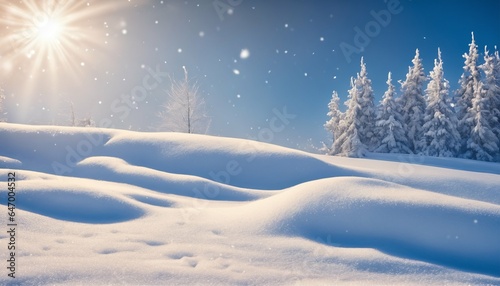 Winter snow scene with snowdrifts, beautiful light and snow flakes on blue sky in the evening, banner format, copy space