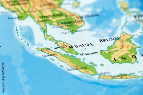 world map or atlas of asia continent and indonesia  malaysia  singapore in close up